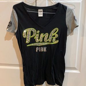 Pink tee with sequin lettering